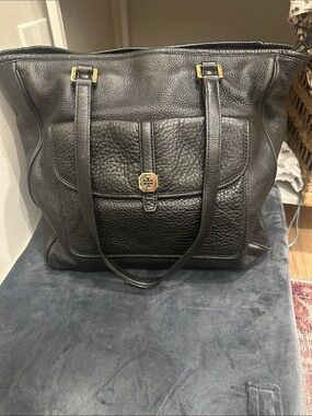 Tory Burch Black Pebbled Leather Tote with Gold-Tone Logo